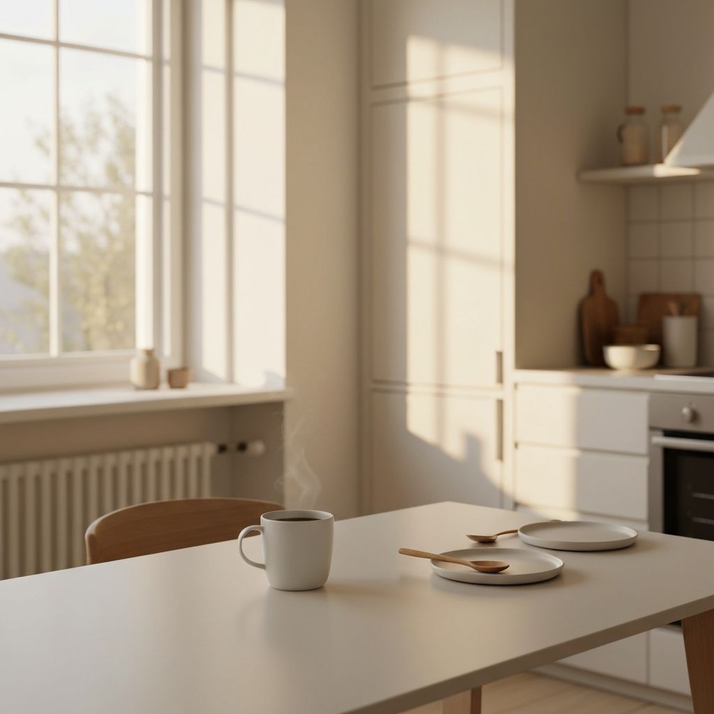 Helle Küche mit Frühstückstisch